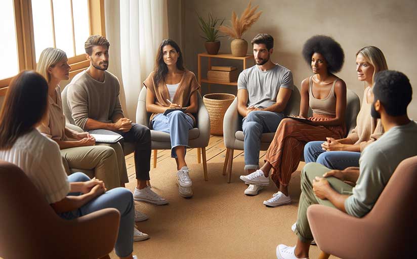 Eight people sitting in chairs in a semi-circle engaged in a group therapy session.